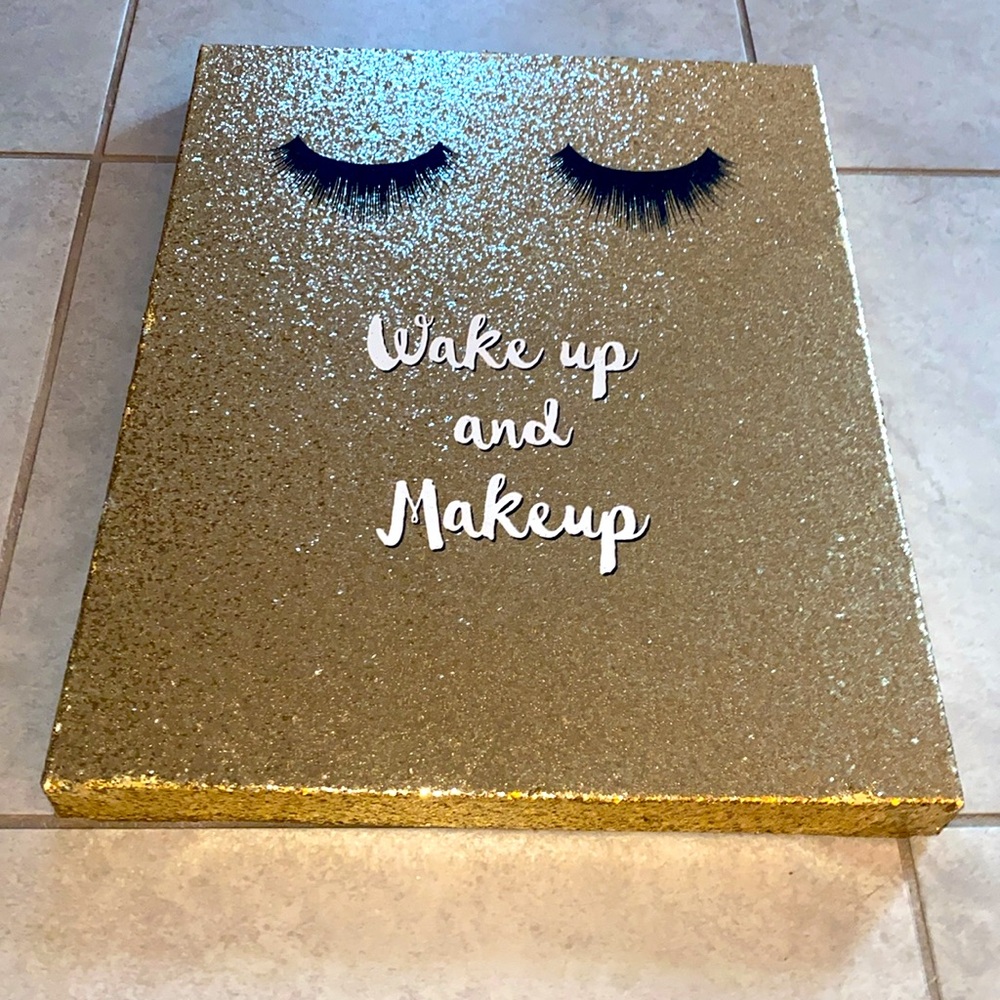 Gold Glitter "wake up and makeup" Canvas Wall Art 21x16in
